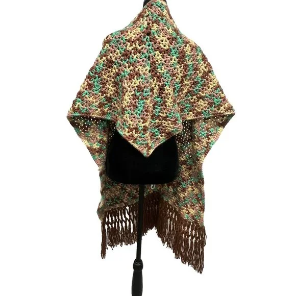 VTG Handmade Knit‎ Crochet Poncho Fringe 70s Granny Brown Orange One Size - Picture 4 of 6